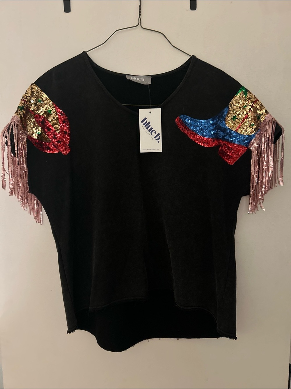 Black Sequin Fringe Shoulder Top